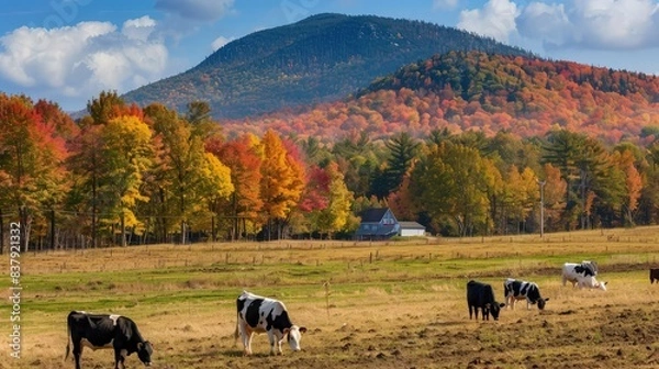 Fototapeta View of cows grazing in a field with a mountain in the background during the autumn, fall in Manchester, Vermont.