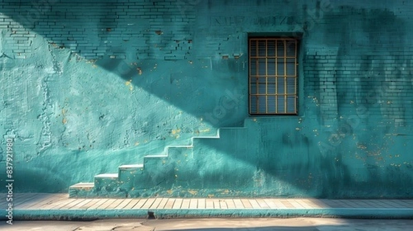 Fototapeta Textured turquoise wall with staircase shadow, barred window, and peeling paint creating a vintage look. Urban architecture with light and shadow play on aged building facade. Rustic and deteriorated
