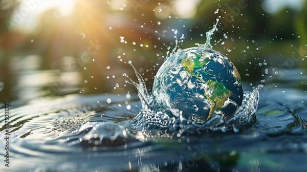 Fototapeta Celebrate World Water Day with an image of Earth, a water splash, and a natural backdrop, emphasizing sustainability and the importance of saving water.