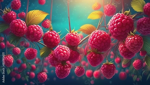 Fototapeta Ripe juicy raspberry berries background. Generative Ai