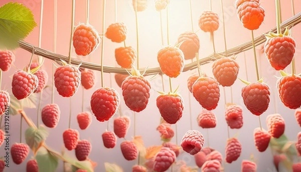 Fototapeta Ripe juicy raspberry berries background. Generative Ai