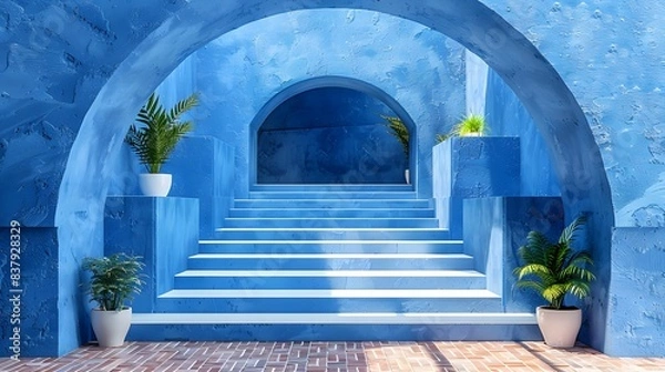 Obraz Vibrant blue staircase with arched entryway and green plants in white pots on a sunny day, showcasing colorful architecture and outdoor design elements in a bright and lively setting for stock photo