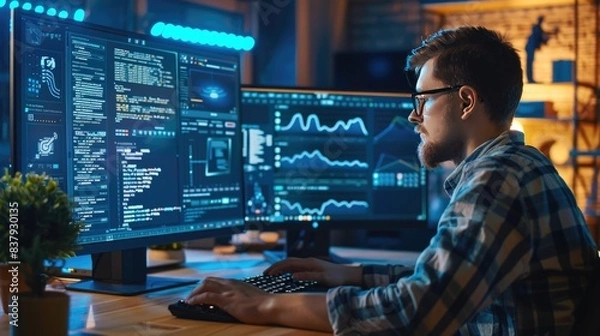 Obraz In the Evening Creative Young Video Game Developer Works on a Desktop Computer with Screen 3D Videogame Level Design