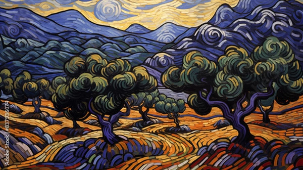 Fototapeta Expressionist art summer landscape with olive trees