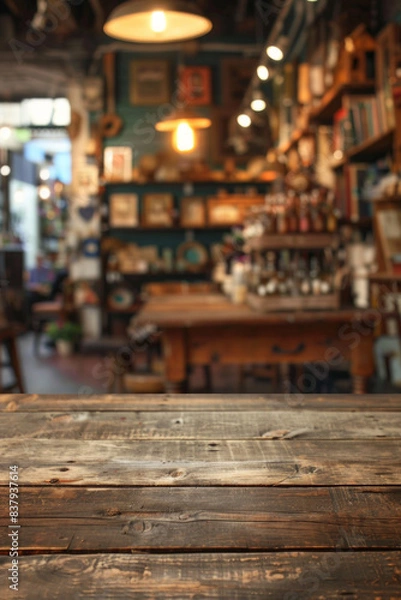 Fototapeta A wooden counter in the foreground with a blurred background of an antique shop. The background features vintage furniture, old books, and unique collectibles