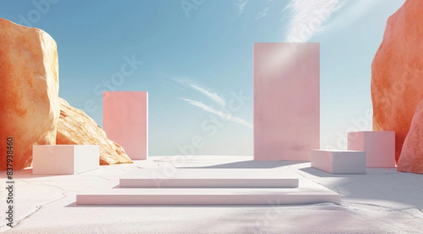 Fototapeta 3D render of a minimalist summer scene stage display mockup for product presentation, summer scene stage display