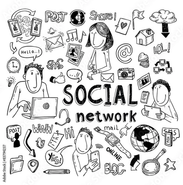 Obraz social media doodle set. Hand-drawn vector illustration.