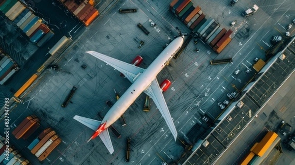 Obraz Aerial view of air cargo logistics at a busy airport containers being loaded into a freighter jet aircraft
