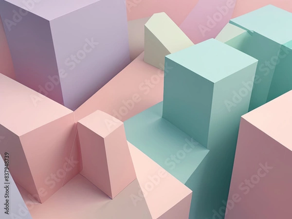 Fototapeta A vibrant collection of smooth spheres, pyramids and cubes in pastel colors in shades of pink, blue and green. The seamless soft texture creates a visually appealing and soothing abstract background. 