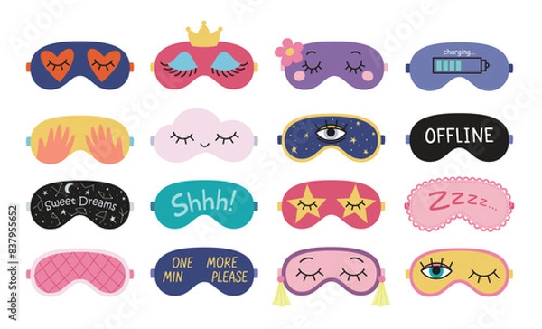 Obraz Sleep eye masks set. Collection of funny night accessories for healthy sleeping, travel and recreation. Isolated vector illustrations on white background