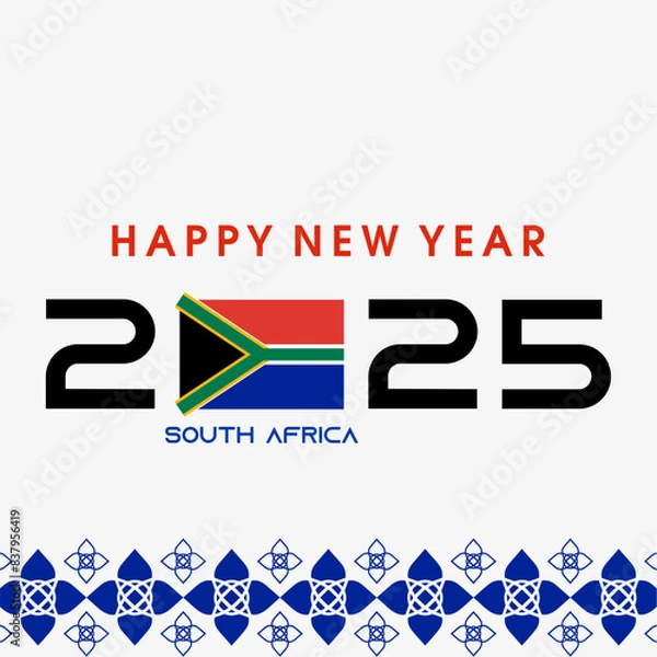 Fototapeta Happy New Year 2025 with SOUTH AFRICA Flag. New year celebration social media post. Vector Banner for New Year. can use for, landing page, template, web, mobile app, poster, flyer