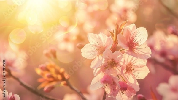 Fototapeta Close-up of blooming sakura sunlight creating a radiant and warm atmosphere