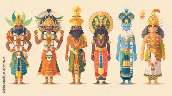 Fototapeta Cartoon vector men dressed as Mahabali, the mythical king, for Onam celebrations Generative AI