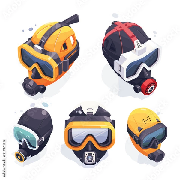 Fototapeta Five colorful ski helmets featuring attached goggles displayed against isolated white background. Snowsport equipment includes various designs suitable winter activities. Helmets portray different