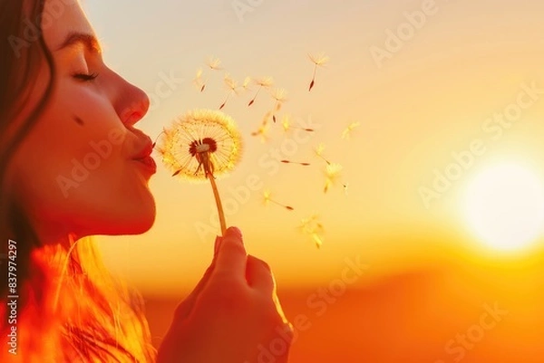 Fototapeta A woman blowing a dandelion in the field at sunset, with warm colors and soft focus