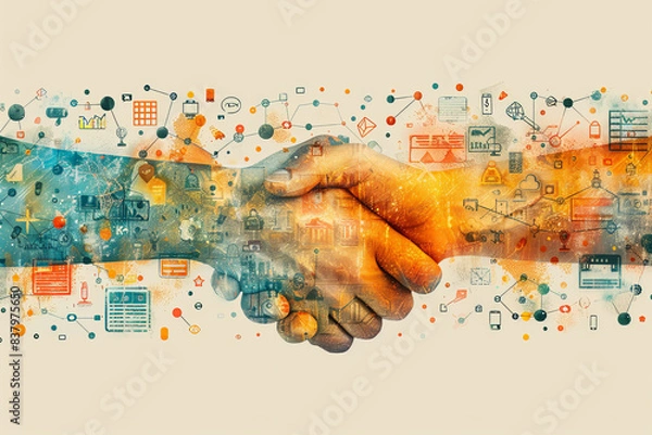 Obraz Partnership development and startup funding with Design a flat design concept showing startup founders negotiating strategic partnership deals and securing funding, with detailed handshake, contract,