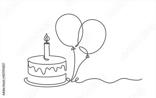 Obraz Continuous line drawing of birthday cake and balloons. Cake with sweet cream and a candle. Birthday celebration concept isolated on white background. Hand drawn design vector illustration