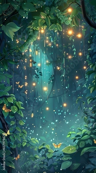 Obraz Magical forest scene with glowing fireflies and butterflies, surrounded by lush green foliage. Perfect for fantasy and nature-themed designs.