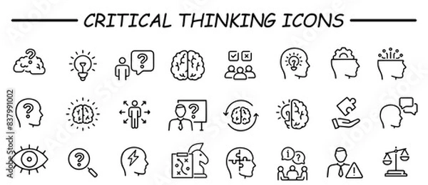 Obraz Critical thinking icon set. Containing think, problem-solving, analysis, reasoning, evaluation, experience, research, logic and listening icons. Solid icon collection.