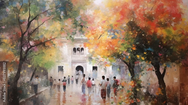 Fototapeta Summer street scene in impressionist art style