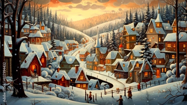 Fototapeta town in snow forest background