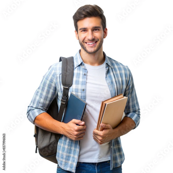 Fototapeta Portrait of smiling  university student boy with backpack and holding books,  isolated on white background
