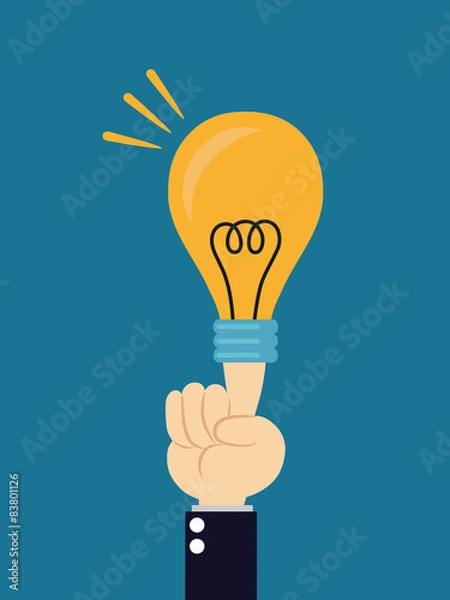 Fototapeta  Light bulb lit from human hand on blue background