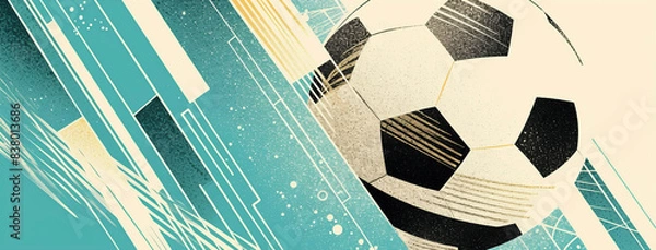 Fototapeta Retro green banner with soccer ball on geometric abstract background with copy space. For sports marketing, vintage posters, graphics, banners, advertisements. Summer Olympic Games in France