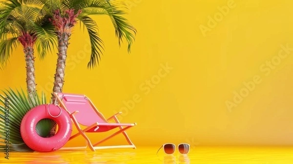 Fototapeta 3D Summer travel concept with inflatable ring, folding chair, sunglasses and palm trees against tropical yellow background 