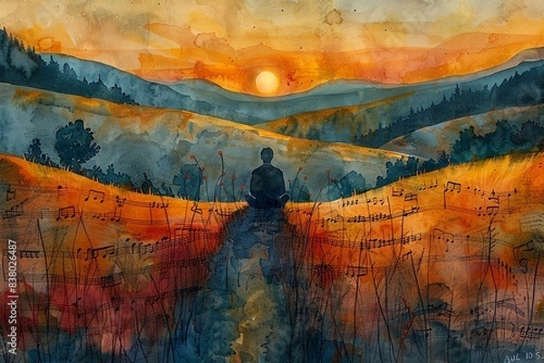 Obraz Silhouette of a person meditating in a field of music notes at sunset.
