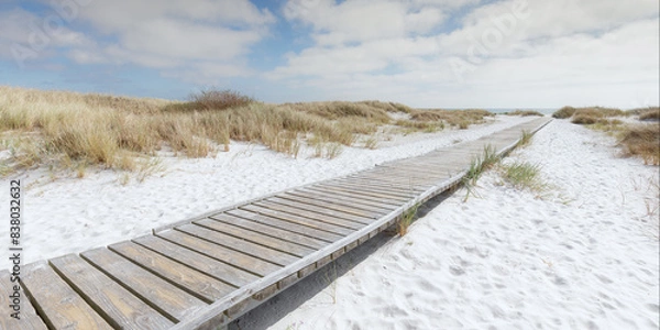 Fototapeta Boardwalk leading through the sand dunes to the beautiful white beach Dueodde on the island Bornholm in Denmark.