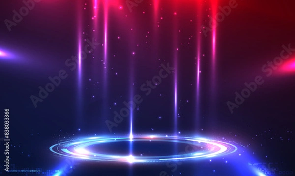 Fototapeta Neon Sci Fi futuristic circle portal. Teleport podium, display, stage technology with light and sparkles. Hi-tech technology design for showcase. Cyberpunk style. Digital HUD GUI UI. Tech Vector EPS10