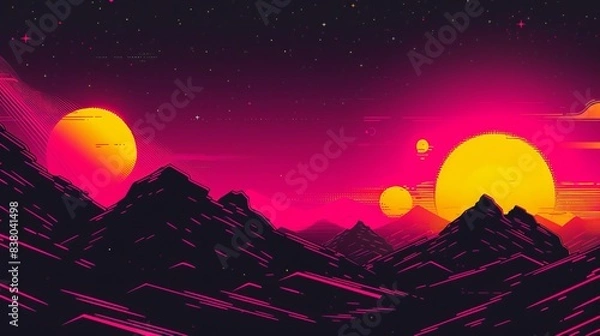 Fototapeta Digital retro landscape 1980's style retro wave sunset and mountain. Futuristic cyber surface. 80s Retro Sci-Fi background. View illustration in retro futuristic in the style of the 80-90s.