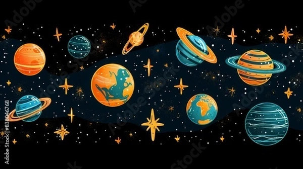 Fototapeta breathtaking view colorful galaxy space and planets set on dark background illustration, colorful planetary satellites on a black background
