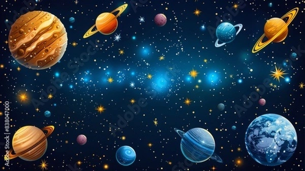 Fototapeta breathtaking view colorful galaxy space and planets set on dark background illustration, colorful planetary satellites on a black background