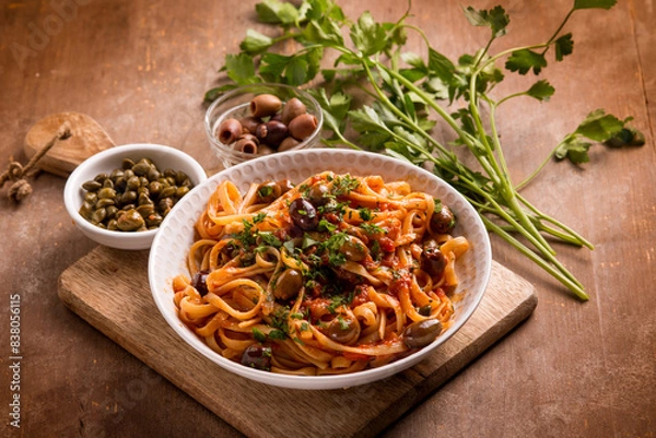 Obraz puttanesca spaghetti traditional italian recipe