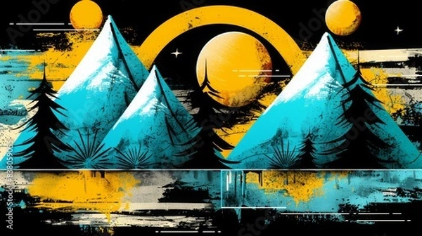 Fototapeta Digital retro landscape 1980's style retro wave sunset and mountain. Futuristic cyber surface. 80s Retro Sci-Fi background. View illustration in retro futuristic in the style of the 80-90s.