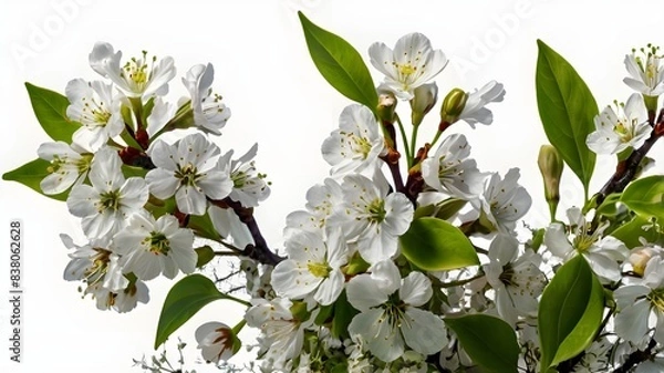 Fototapeta Spring floral corners arrangements with small green leaves and flowers of cherry isolated on white or transparent background. Spring header.