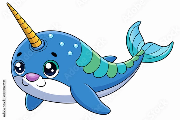 Obraz Cute cartoon narwhal illustration isolated on white background. concept of marine animal, adorable ocean creature, aquatic life. print, icon, logo, design element for kids art and illustration