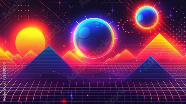 Fototapeta Digital retro landscape 1980's style retro wave sunset and mountain. Futuristic cyber surface. 80s Retro Sci-Fi background. View illustration in retro futuristic in the style of the 80-90s.
