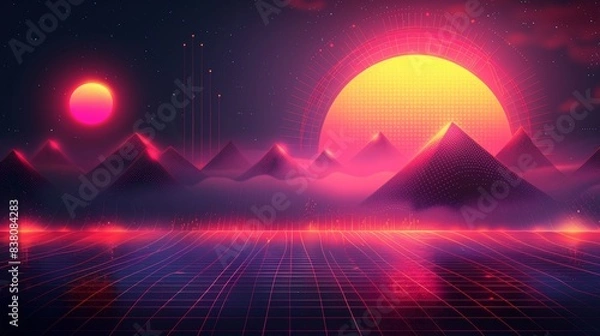 Fototapeta Digital retro landscape 1980's style retro wave sunset and mountain. Futuristic cyber surface. 80s Retro Sci-Fi background. View illustration in retro futuristic in the style of the 80-90s.