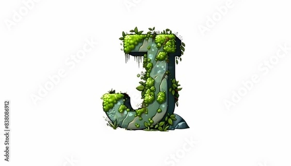Fototapeta Tranquility of the forest, the letter J formed by lichens and mosses stands out on a rock, with ants carrying leaves
