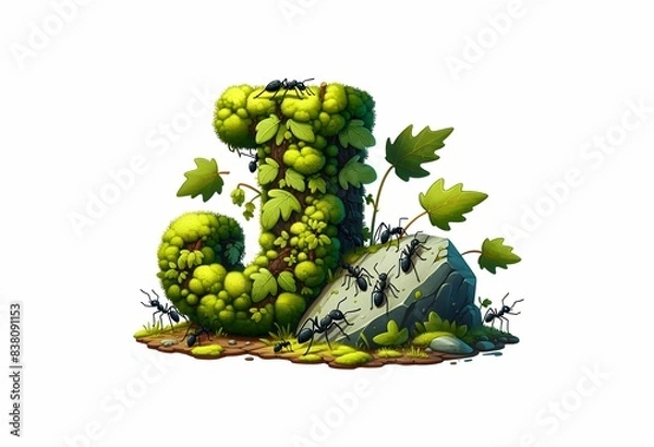 Fototapeta A letter J covered in lichens and moss grows on a rock in the forest while ants carry leaves around it