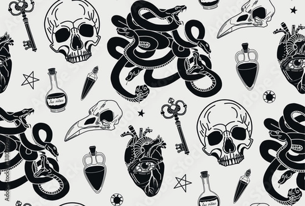 Fototapeta Seamless pattern. Vector illustration. Alchemical elements. Mystical pattern. Gothic ornament. Halloween pattern. hand drawn magical illustrations. Graphic background in vintage style.