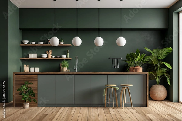 Fototapeta Cozy modern kitchen room interior design with dark green wall