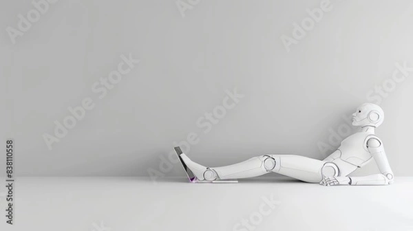 Obraz The robot is working on a laptop poster with copy space - Generative Artificial Intelligence