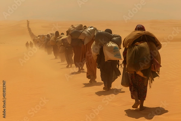 Obraz Refugees Walking Through Desert with Belongings