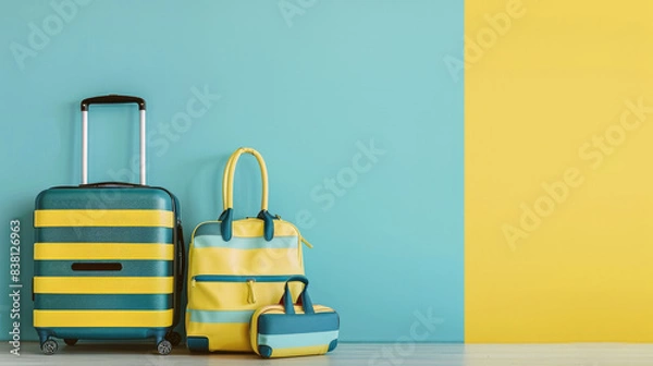 Fototapeta A brightly colored image showing a set of yellow and blue travel luggage against a two-tone wall, symbolizing adventure and travel
