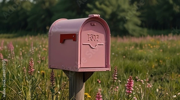 Fototapeta Closeup pink mailbox in the nature around flowers and field.