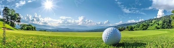 Obraz Golf ball on the grass with beautiful landscape background, panoramic view, blue sky and white clouds, sunshine, morning mist in valley below, mountains in distance, trees on hills
